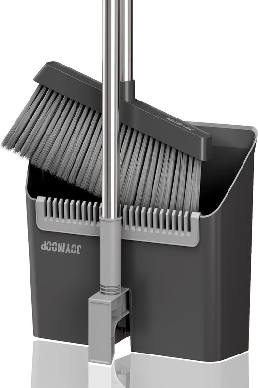 JOYMOOP White Broom and Dustpan Set, Upright Angle Design with Built-in Comb Teeth for Kitchen, Office, Pet Hair, Hard Floors
