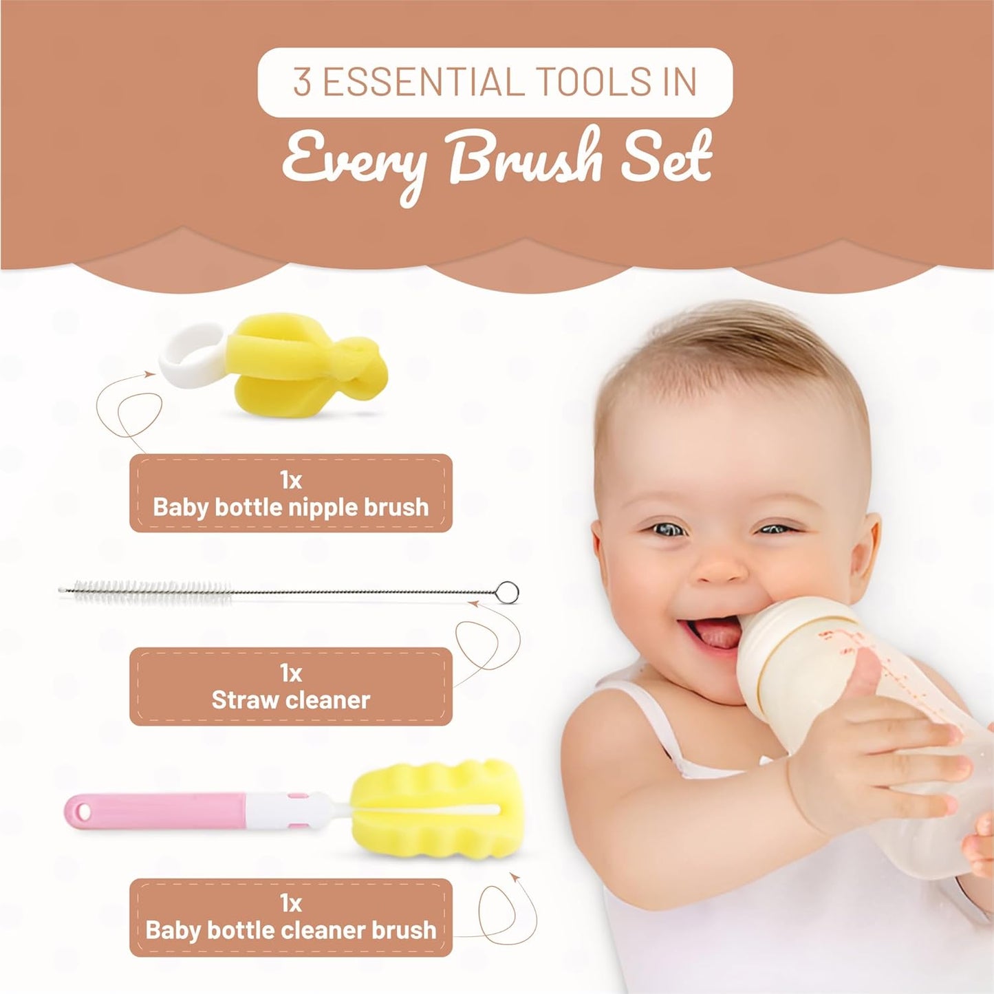 MoomooBaby Triple Baby Bottle Cleaner Brush Set - Includes Baby Bottle Brush Cleaner, Nipple Brush & Straw Cleaning Brush - Eco-Conscious Plastic Handle with Non-Slip Grip, Replaceable Sponges - Green