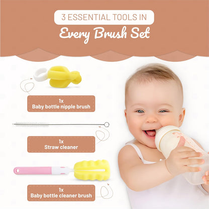 MoomooBaby Triple Baby Bottle Cleaner Brush Set - Includes Baby Bottle Brush Cleaner, Nipple Brush & Straw Cleaning Brush - Eco-Conscious Plastic Handle with Non-Slip Grip, Replaceable Sponges - Green