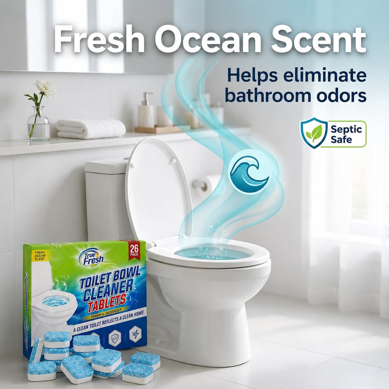 True Fresh Toilet Bowl Cleaner Tablets 26 Pack Deodorizer & Septic Safe Deep Cleaning, Odor Eliminator, Stain Remover for Long-Lasting Freshness Fresh Ocean Scent