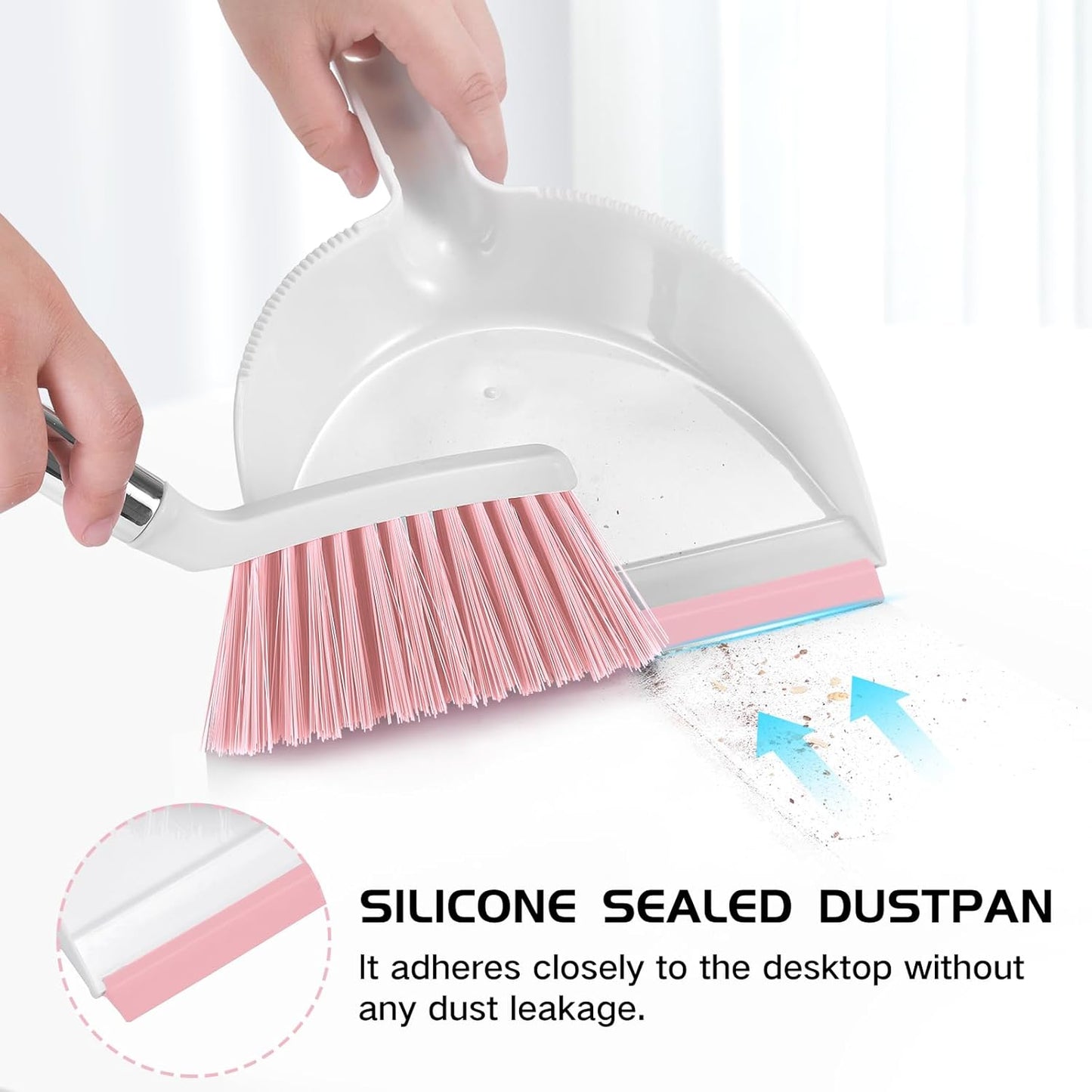NACENA Mini Broom and Dustpan Set, Small Dust Pan and Brush Set with Handle Dustpan Teeth for Cleaning Hair Suitable for Office Desks Drawers Sofas Outdoor Camping, Light & Purple