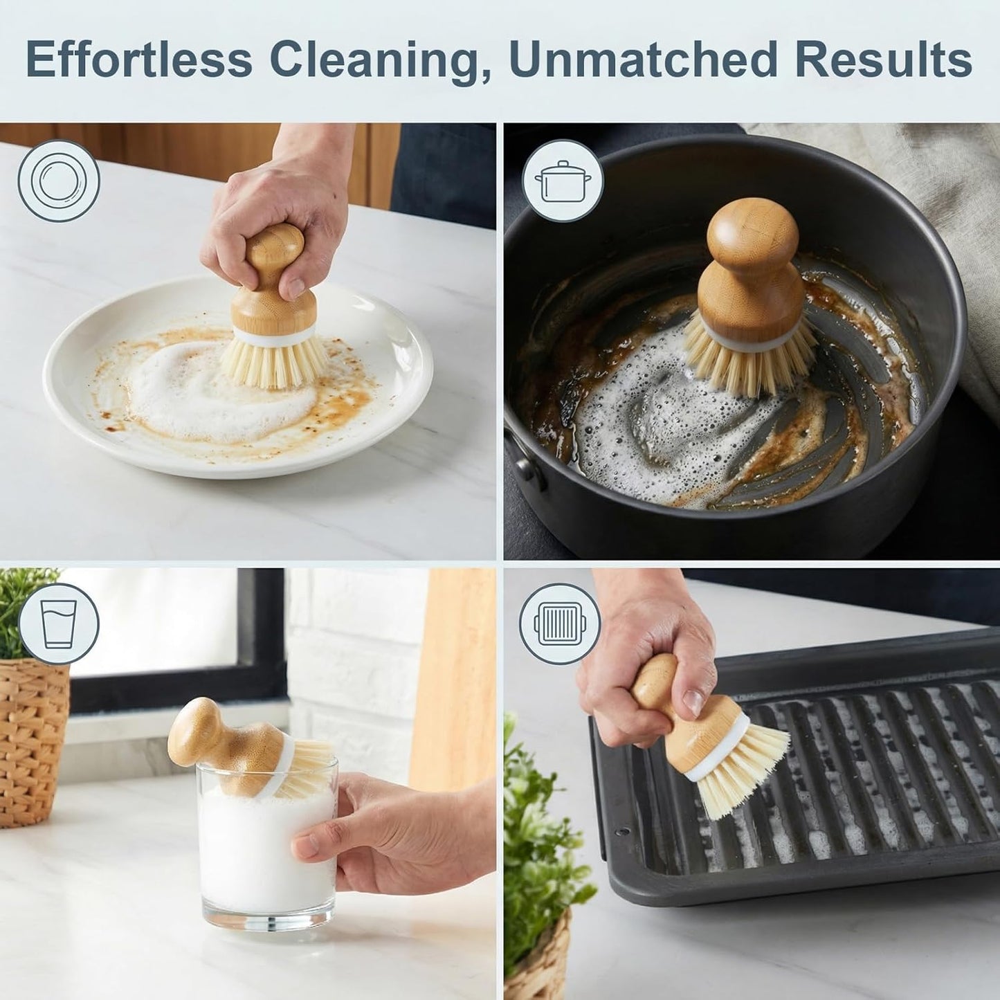 ONEMORE Bamboo Dish Brush with Ceramic Foaming Base, Kitchen Sink Scrub Brush Set with Spring and Mesh Insert, Wooden Handle Dishwashing Brush for Pots Pans Plates Bowls, White