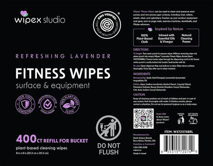 Wipex Gym Wipes Bucket Refill – EWG Verified, 400 Ct Plant-based Fitness Equipment Wipes, Lavender and Vinegar to Clean Surfaces, Safe Yoga Mat Cleaner, Gym Cleaner and Peloton