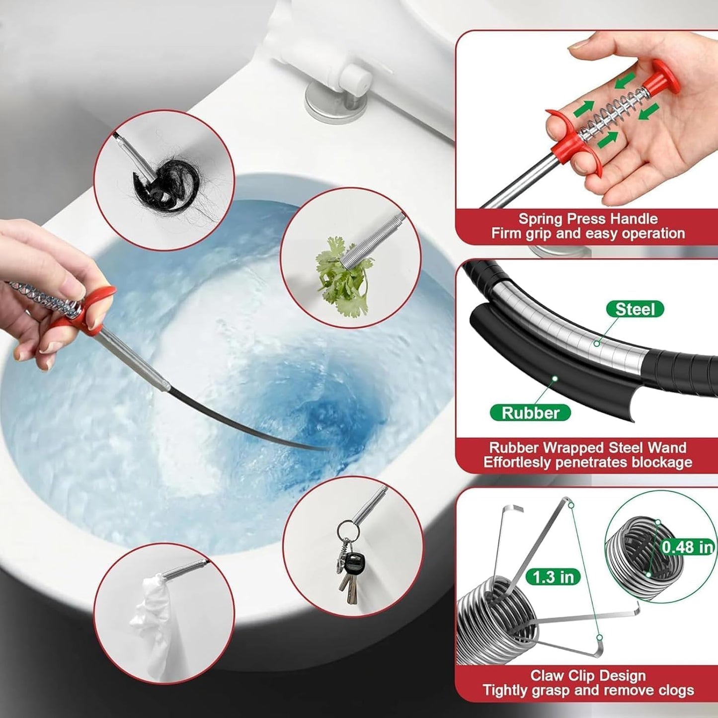 Drain Snake Hair Drain Clog Remover, 61 Inch Shower Snake Sink Unclogger Tool for Home Sink, Bathroom Tub,Drain, Toilet, Tight Spaces