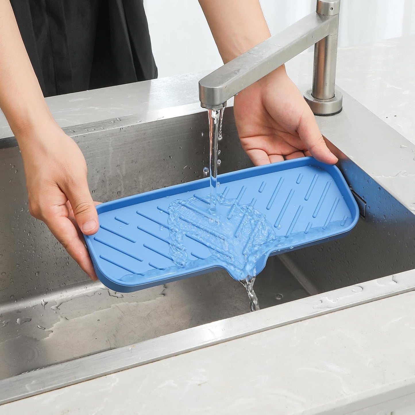 MicoYang Silicone Bathroom Soap Dishes with Drain Spout-Bathroom and Kitchen Sink Organizer,Sponge Holder,Dish Soap Tray,Perfect for Dispenser,Scrubber,Bottle,Cup on Sink or Counter-Black 4.9"×3.2"