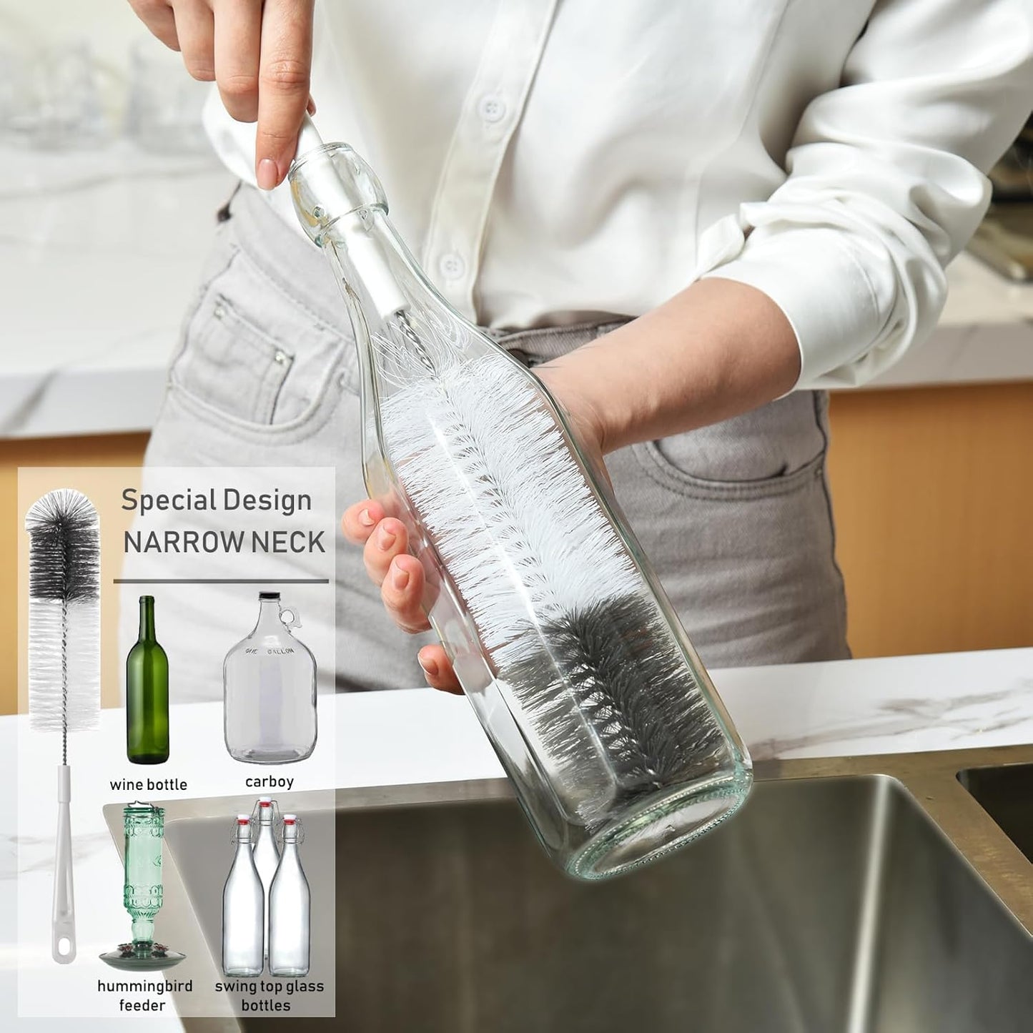 ALINK 8 Pack Black Bottle Brush Cleaning Set with Stand, Long Handle Bottle Cleaner with Holder for Narrow Neck Beer Wine Brewing Bottles, Stanley Water Bottles, Baby Bottles, Tumblers, Carafe, Straws