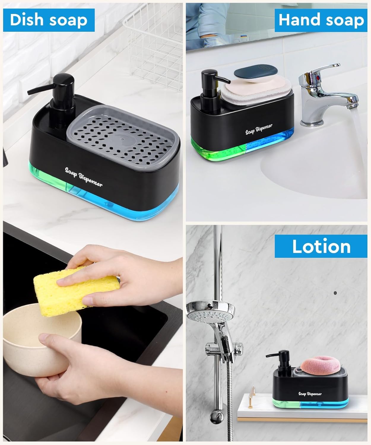 Kitchen Dish Soap Dispenser with Sponge Holder, 2-in-1 Countertop Soap Pump Dispenser, Soap Dispenser for Kitchen Sink with 2-Packs Wire Dishwashing Rag,Black