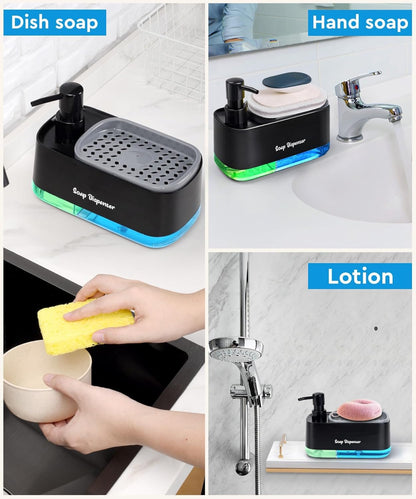 Kitchen Dish Soap Dispenser with Sponge Holder, 2-in-1 Countertop Soap Pump Dispenser, Soap Dispenser for Kitchen Sink with 2-Packs Wire Dishwashing Rag,Black