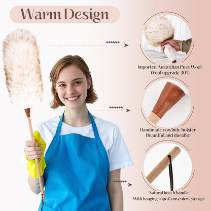 THARAHT 2PCS Ostrich Feather Duster 16 Inch Fluffy Natural with Wood Handle Reusable Washable for Cleaning Keyboard,Home,Car,Office Ostrich Feather Duster