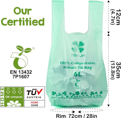 1.6 Gallon Tie Handles Compost Trash Bags 120 Food Scrap Bags, Compostable Kitchen Waste Bags with Europe EN13432 & ASTM D6400 Certified
