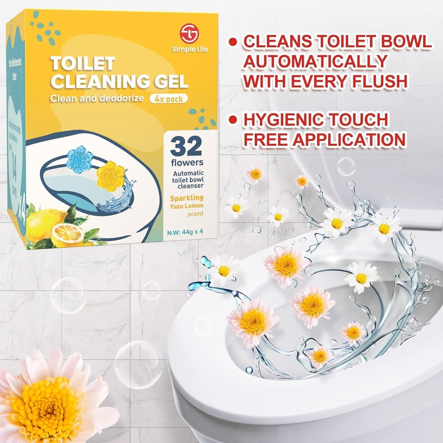 Simple Life Toilet Bowl Cleaner Gel | Fresh Flower Toilet Gel Stamp | Stops Limescale and Stains with Air Freshening Scent | Deodorizing Clean | 32 Stamps, Blue & Green