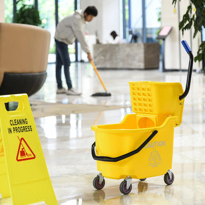 HOMCOM Mop Bucket Cart with 34 Quart Capacity, Side Press Wringer and Metal Handle, Yellow