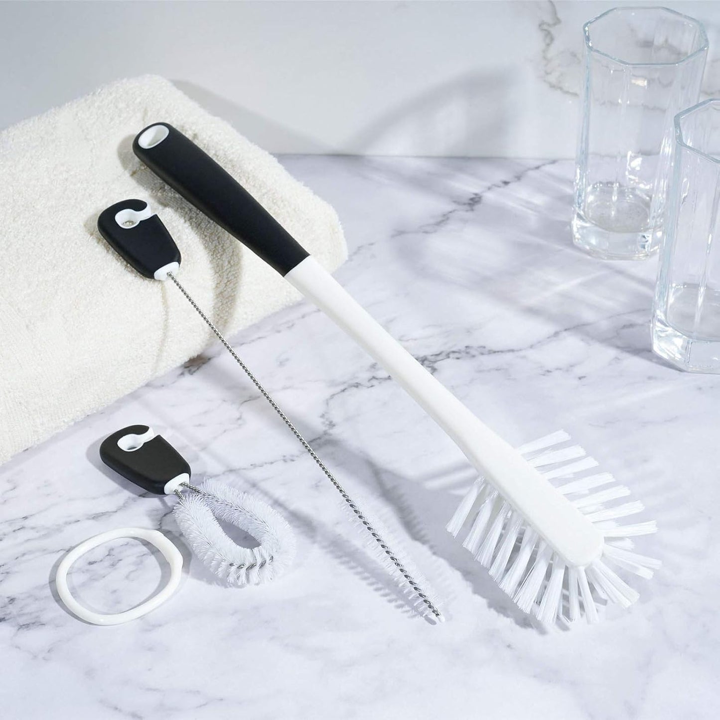 MOSOLAN 3-in-1 Water Bottle Cleaning Brush Set - Long Handle Scrubbing Brush for Tumbler, Straw, Baby Bottles, Drinking Glasses, White