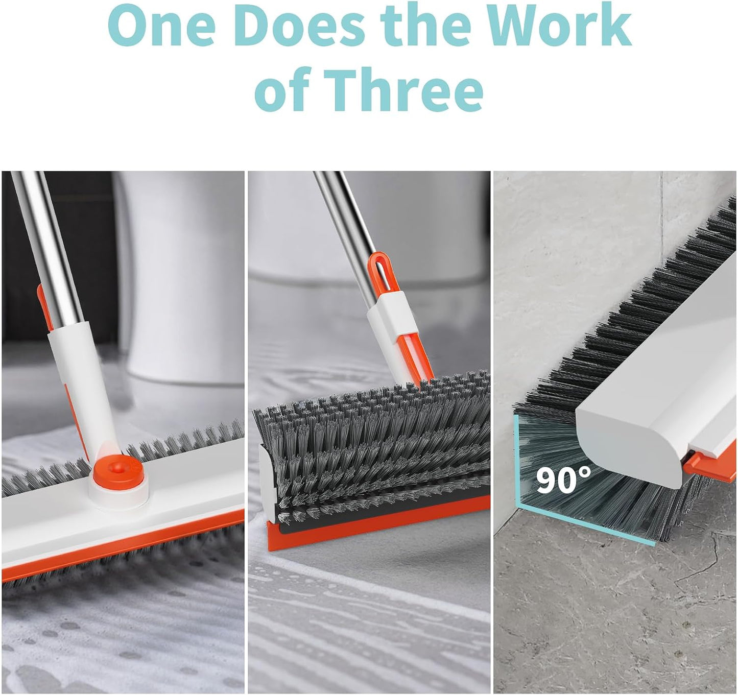 Floor Scrub Brush with Long Handle, 3 in 1 Scrape and Heavy-Duty Stiff Bristle Scrubber Brush for Cleaning Shower Bathroom, Patio, Pool, Garage, Kitchen, Wall and Deck (White, 1 Pack)