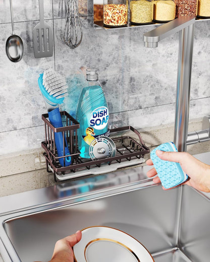 Consumest Sink Caddy, Kitchen Sponge Holder with Dish Brush Holder, Kitchen Organizer with Drip Tray for Countertop, Stainless Steel Rustproof - Silver