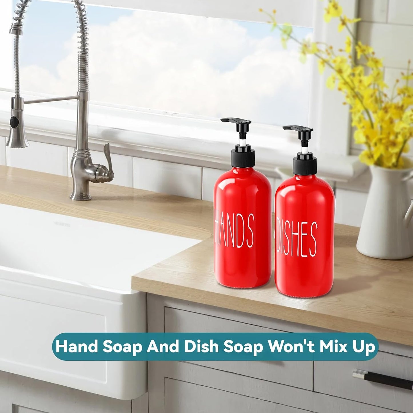 COHOSEGE Glass Soap Dispenser Set 2 Pack,Contains Hand and Dish Soap Dispenser.Premium 16 Oz Black Kitchen Soap Dispenser Set for Kitchen Sink and Farmhouse Decor