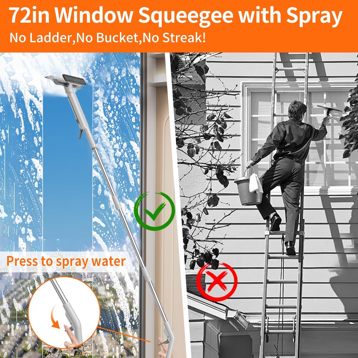 4 in 1 Window Squeegee with Water Tank,Window Cleaner Tool with Remote Control Water Spray,16'' to 72'' Adjustable Extension Pole,Wastewater Tray,Sponge Window Squeegee for Shower Glass Car Window
