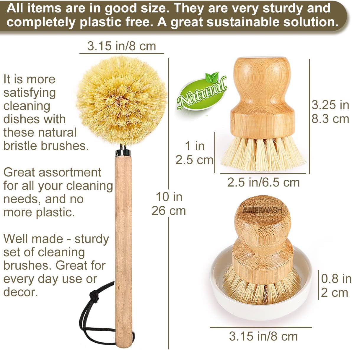 AMERWASH PLUS Dish Brush with Wooden Handle, Natural Kitchen Brush for Dishes Vegetable, Pots and Pans, Tampico Fiber Bristles Scrubber, Extra 3 Pack Replacement Head Included
