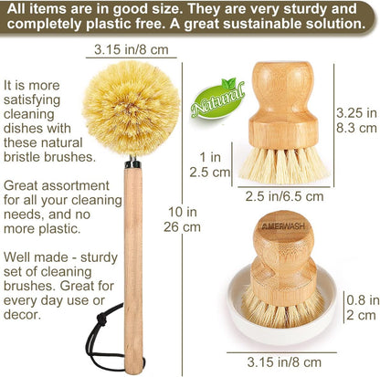 AMERWASH PLUS Dish Brush with Wooden Handle, Natural Kitchen Brush for Dishes Vegetable, Pots and Pans, Tampico Fiber Bristles Scrubber, Extra 3 Pack Replacement Head Included