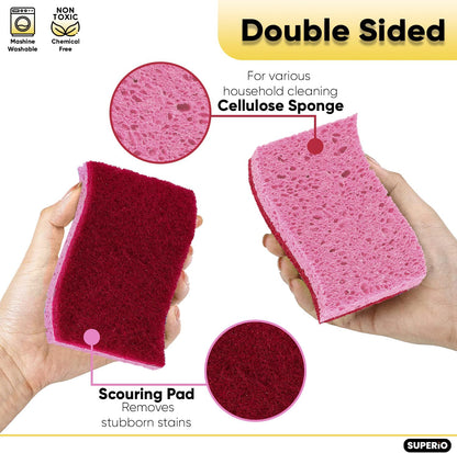 Non-Scratch Cellulose Sponge Kitchen Scrub Sponge with Scouring Pad Set, Good for Non-Stick Cookware Frying Pan, Pot, Counter Top, Sink Scrubbing, Kitchen Scrubbers, Pack of 2, (Red/Pink)