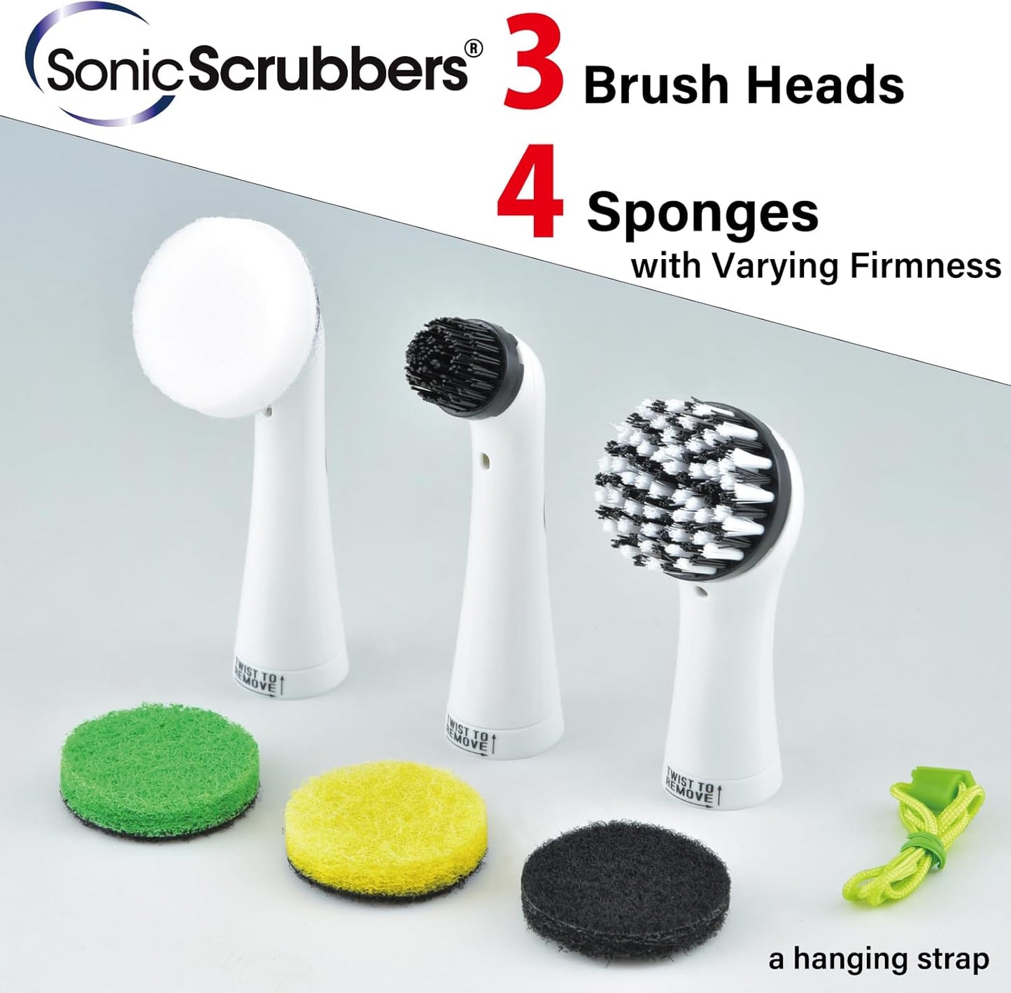 Sonic Scrubber – Super Electric Cleaning Brush | 3 Heads & 4 Multi-Firm Pads to Scrub, Polish & Clean Tile, Grout, Kitchen, Bathroom & More | Water-Resistant | Well-Loved in Japan