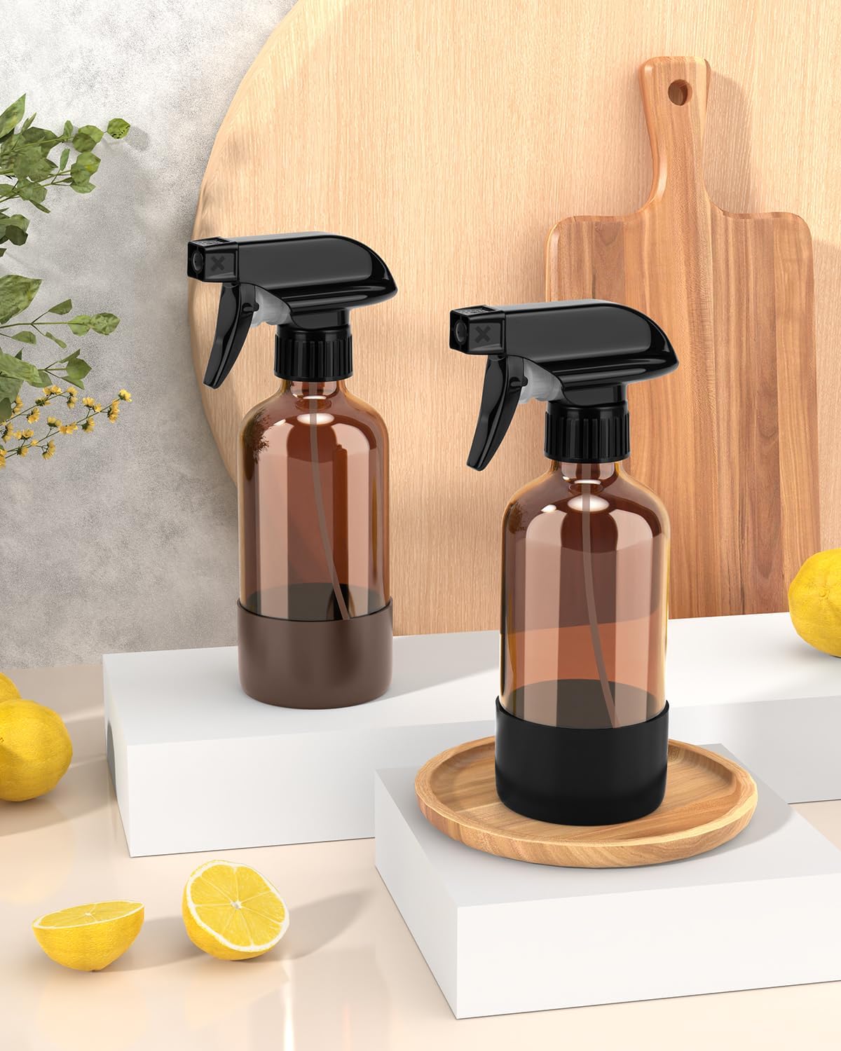Bontip Glass Spray Bottle with Silicone Sleeve Protection, Amber Glass Spray Bottle Set for Window Cleaner Aromatherapy Facial Hydration Watering Flowers Hair Care 2 Pack/16 oz (Black & Brown)