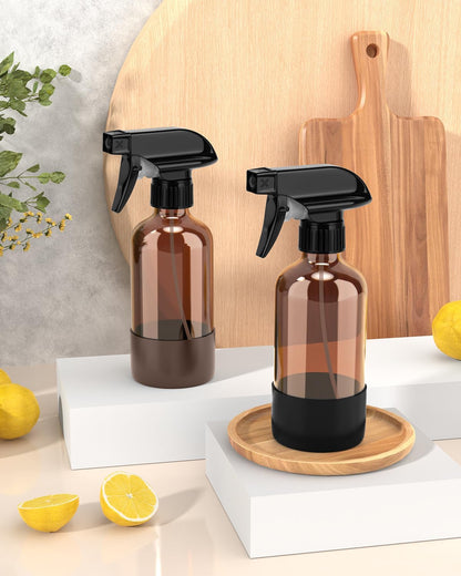 Bontip Glass Spray Bottle with Silicone Sleeve Protection, Amber Glass Spray Bottle Set for Window Cleaner Aromatherapy Facial Hydration Watering Flowers Hair Care 2 Pack/16 oz (Black & Brown)