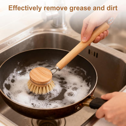 Bamboo Dish Brush Set, Natural Wooden Handle Dish Scrubber with 2PCS Mini Palm Brushes & Holders, Kitchen Brush with 1 Adhesive Hook for Pan Pots Dishes Vegetable