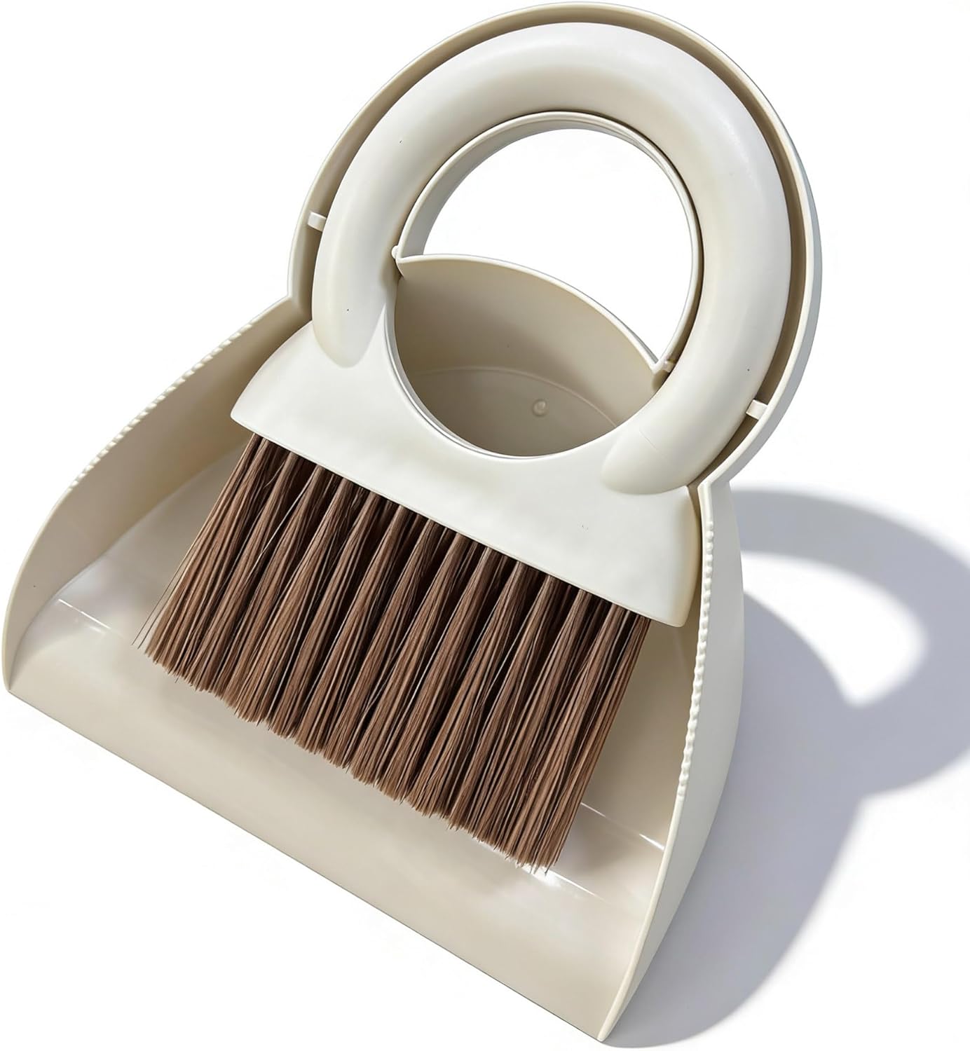 Mini Broom and Dustpan Set with Round Handle, Compact Small Hand Broom with Soft Bristles for Kitchen Counter, Desk, Drawer, Pet Area & Car Interior, Space-Saving Portable Cleaning Tool (Coffee)