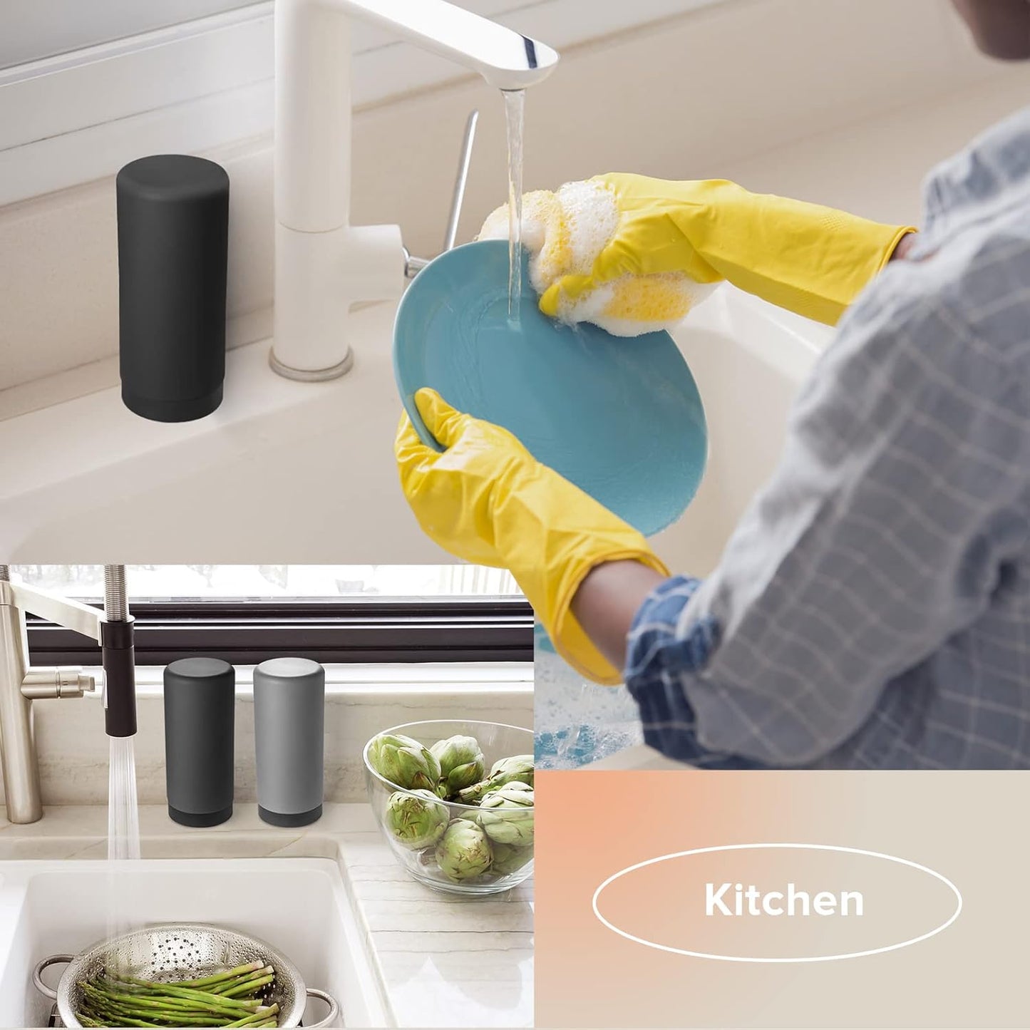 ElmRidge Dish Soap Silicone Dispenser for Kitchen Sink,Squeeze Washing Up Liquid and Hand Soap,Round refillable Silicone Bottles,Easy to Fill and to use, 8.5 oz,Black 2.4 x 2.4 x 5.5 inches (Gray)