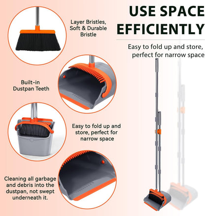 YZO Broom and Dustpan Set, 54.33 Inch Long Handle Standing Design, Dustpan Front Rubber Tight Seal, Broom with 5 Layer Bristles, Suitable for Living Room, Bedroom, Yard, Office and Apartment(Green)