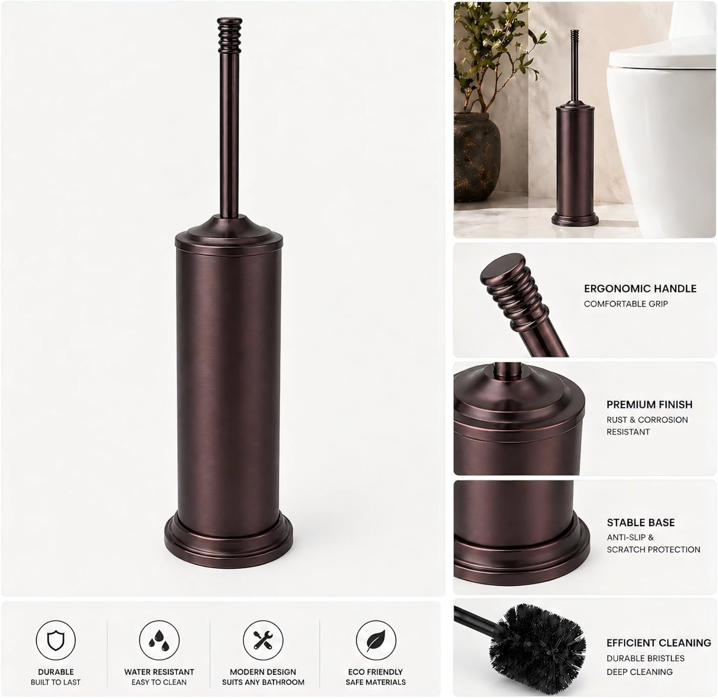 Black Toilet Brush and Holder Set，Extra Long Handled Toilet Bowl Brush and Holder，Stainless Steel Heavy Duty Toilet Brush for Bathroom,Deep Cleaning Modern Toilet Cleaner Slip Base