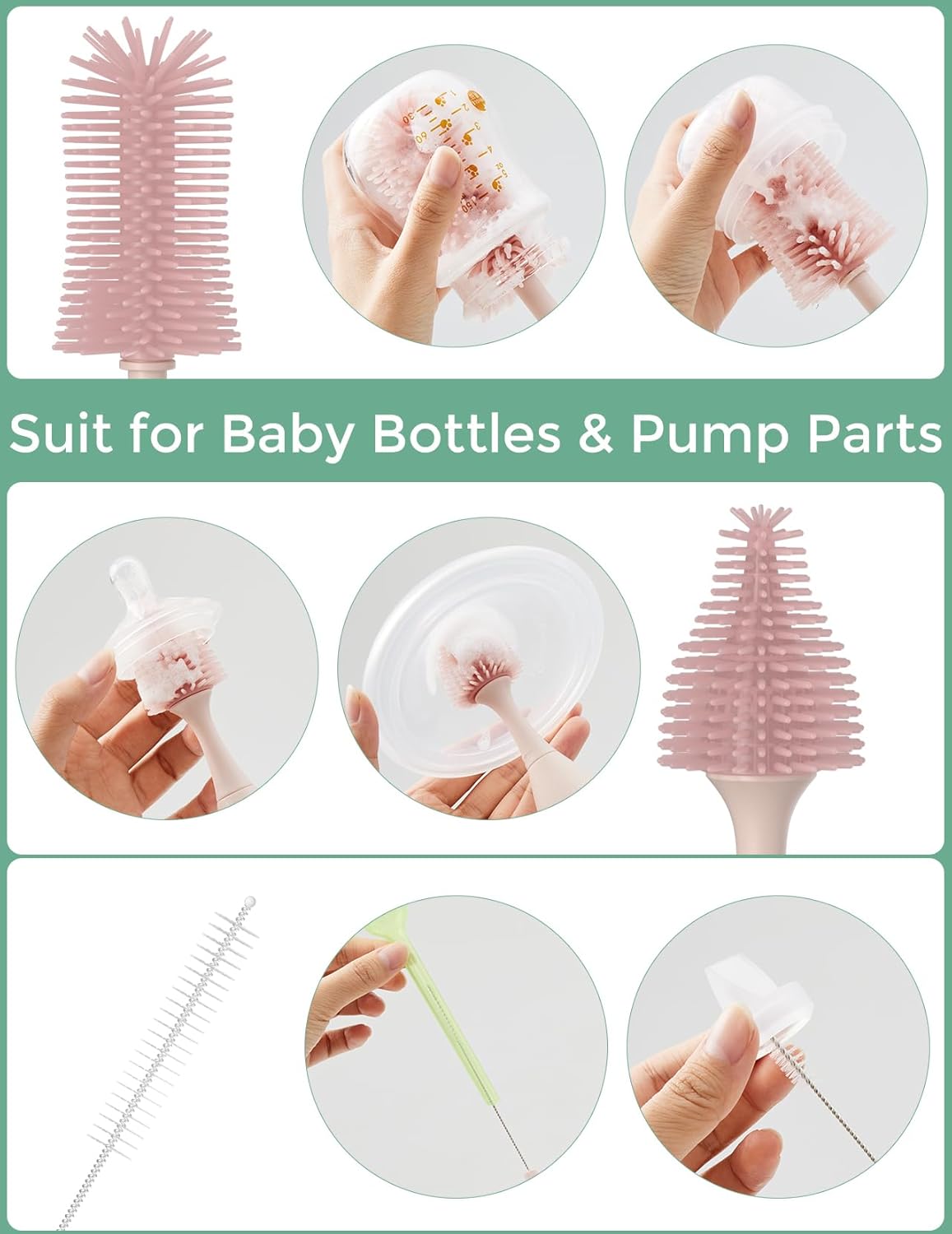 Momcozy Bottle Brush Set - Baby Bottle Cleaner Kit with Silicone Brush, Nipple Brush, Straw Brush, Soap Dispenser, Drying Rack - 7 in 1 Bottle Cleaning Tool for Home and Travel, Green