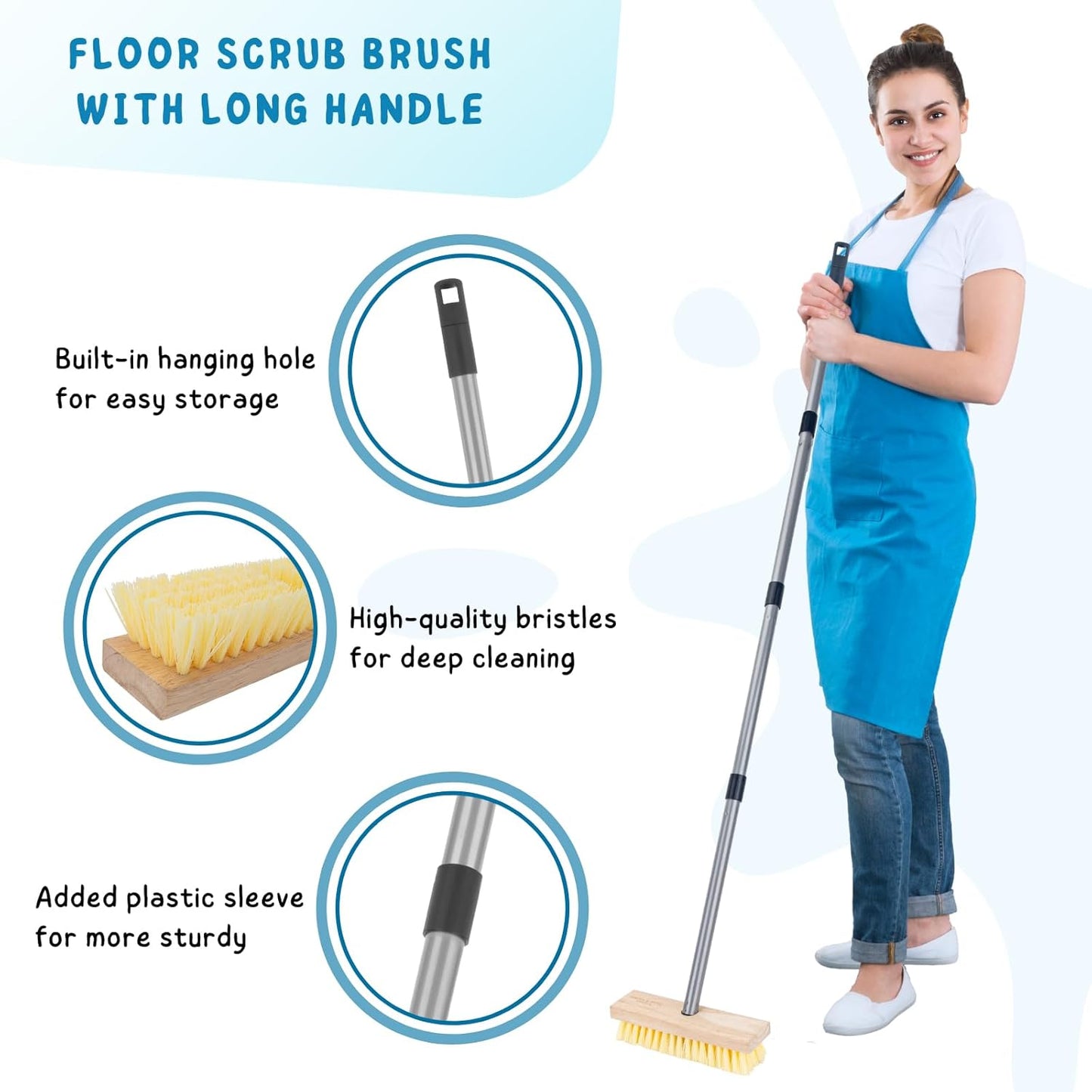 Stainless Steel Wire Scrub Brush with Long Handle for Deck, Concrete, Patio Floor Cleaning, 59'' Heavy Duty Stiff Metal Bristle Scrubber Broom for Outdoor Moss Removal