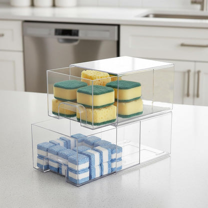 2 Pack Laundry Pods Container, Stackable Laundry Room Organization Storage Drawers, Dryer Sheet Container, Detergent Holder with Pull Handle, Bathroom Organization, Clear