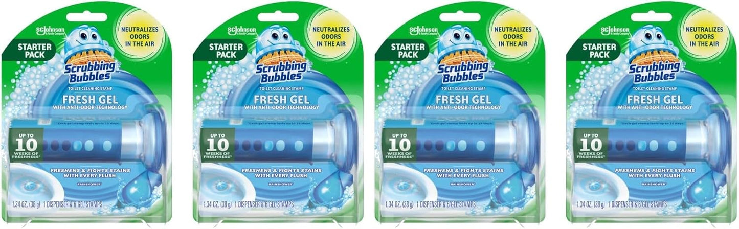 Scrubbing Bubbles Fresh Gel Toilet Bowl Cleaning Stamps, Helps Keep Toilet Clean and Helps Prevent Limescale & Rings, Rainshower Scent, 1 Dispenser with 6 Fresh Gel Stamps