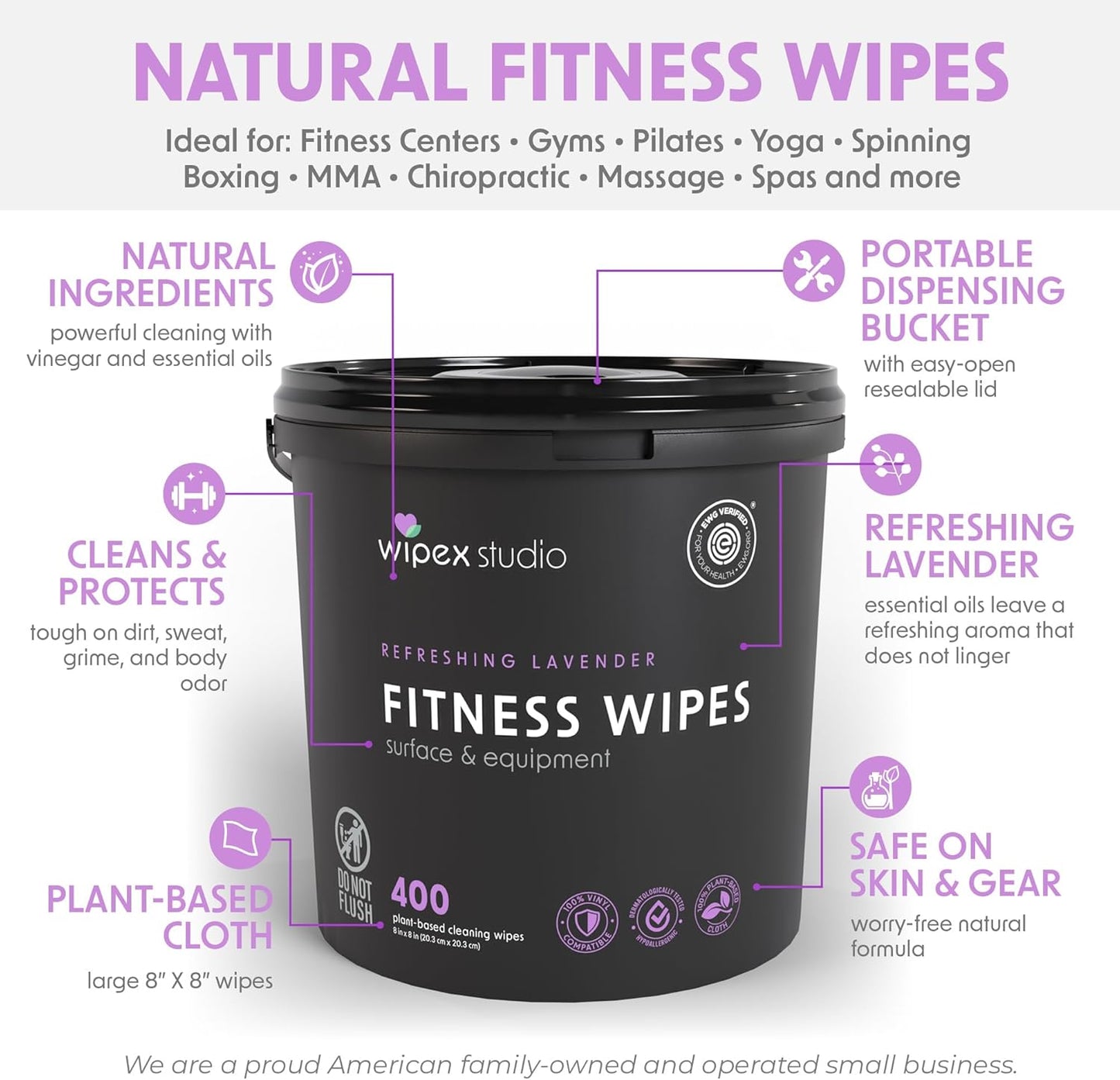 Wipex Gym Wipes Bucket Refill – EWG Verified, 400 Ct Plant-based Fitness Equipment Wipes, Lavender and Vinegar to Clean Surfaces, Safe Yoga Mat Cleaner, Gym Cleaner and Peloton