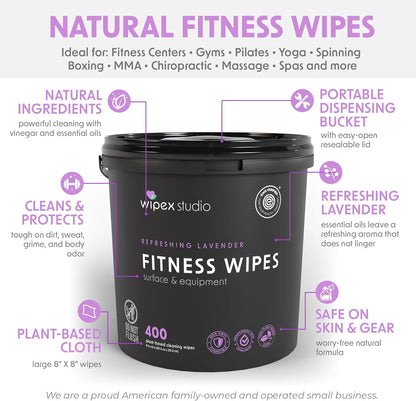 Wipex Gym Wipes Bucket Refill – EWG Verified, 400 Ct Plant-based Fitness Equipment Wipes, Lavender and Vinegar to Clean Surfaces, Safe Yoga Mat Cleaner, Gym Cleaner and Peloton