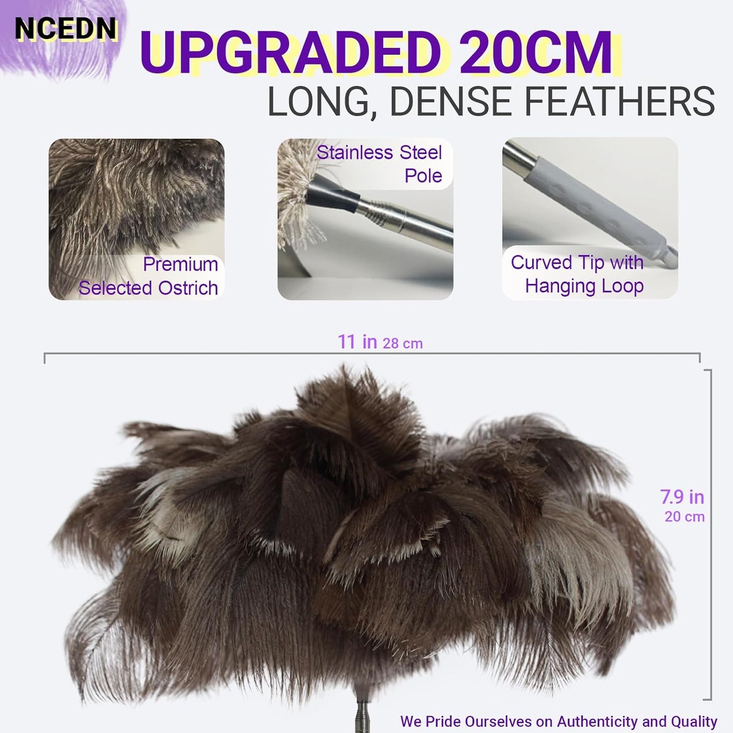 NCEDN Genuine Ostrich Feather Duster 40 Inches - Extendable Stainless Steel Handle, 8 Inches Long Thick Feathers, Telescopic Duster for Ceiling Fans, Blinds, Furniture, Car, Washable