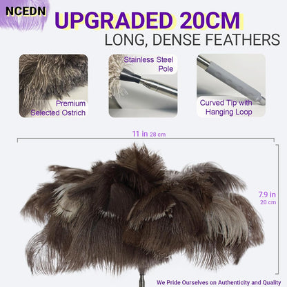 NCEDN Genuine Ostrich Feather Duster 40 Inches - Extendable Stainless Steel Handle, 8 Inches Long Thick Feathers, Telescopic Duster for Ceiling Fans, Blinds, Furniture, Car, Washable
