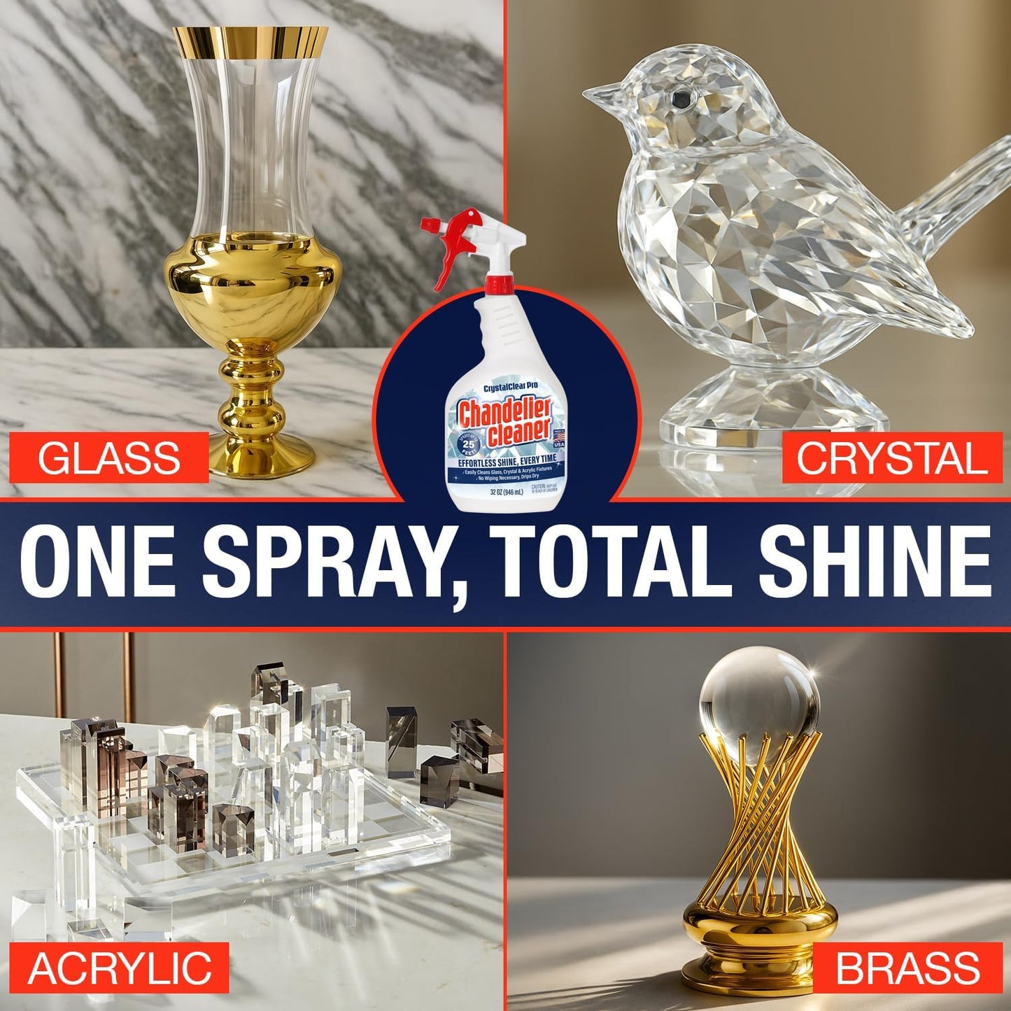 Chandelier Cleaner Spray, 32 oz — No Wipe Drip Dry Crystal Chandelier Cleaner for Glass, Crystal & Acrylic Light Fixtures, Streak-Free Shine, Sprays Up to 25 Ft, Fast Effortless Cleaning, Made in USA