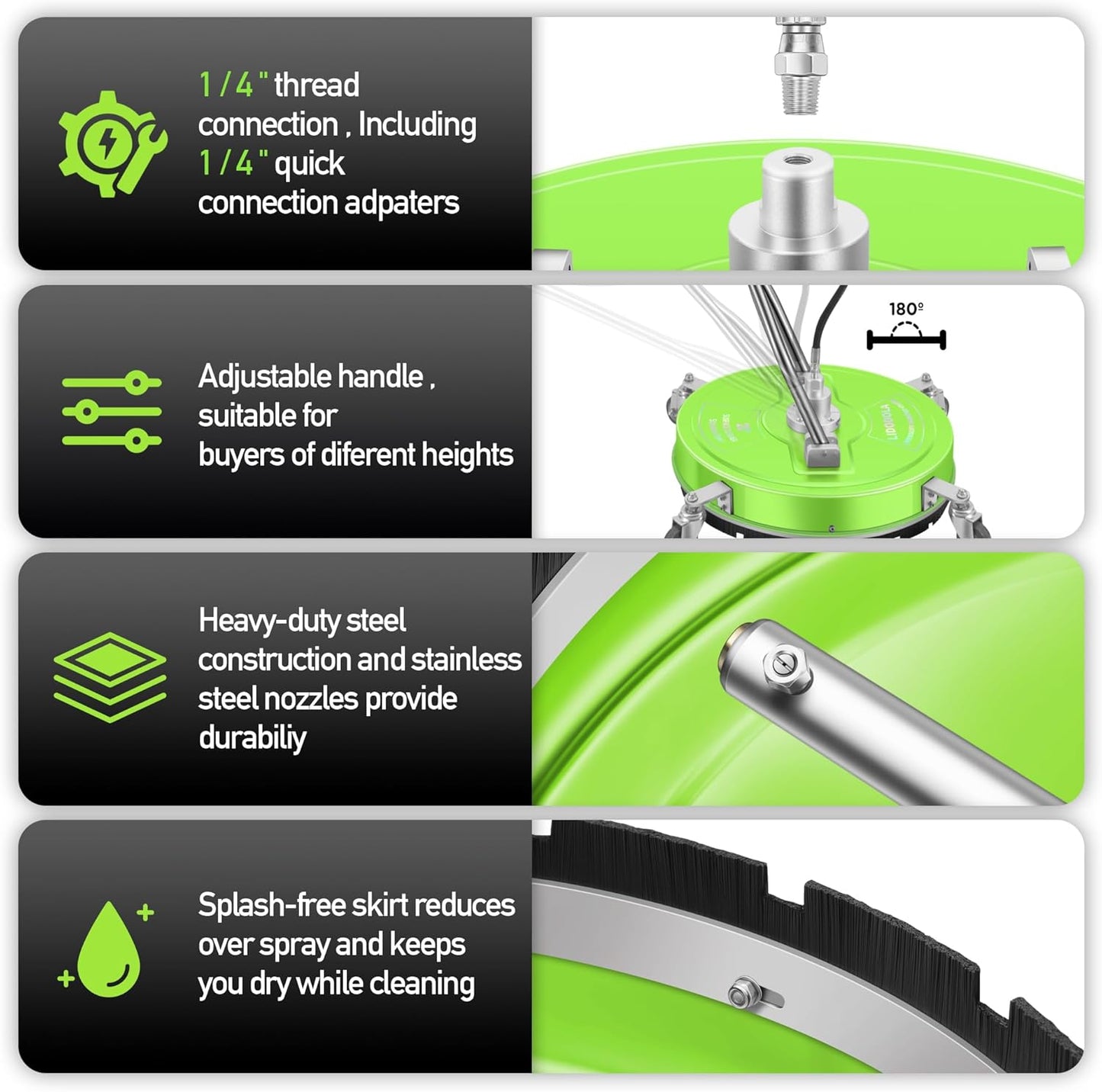 14" Pressure Washer Surface Cleaner with 4 Wheels - Stainless Steel Surface Cleaner for Pressure Washer Attachment for Concrete, Patio, Sidewalk, Deck and Driveways - PWS14