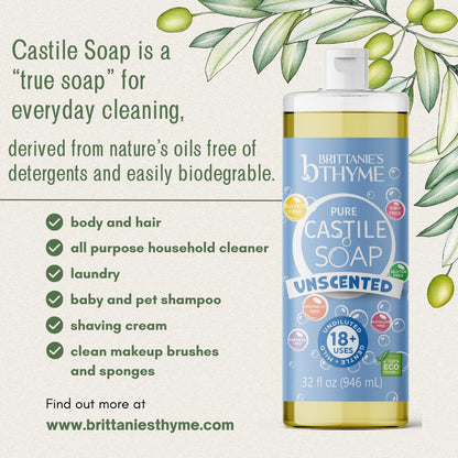 Brittanie's Pure Organic Castile Liquid Olive Oil Soap Refill, 1 Gallon Unscented | Face, Body Wash, All Purpose Cleaner, Dishes, Pets, Laundry | Vegan, Biodegradable, Made in USA