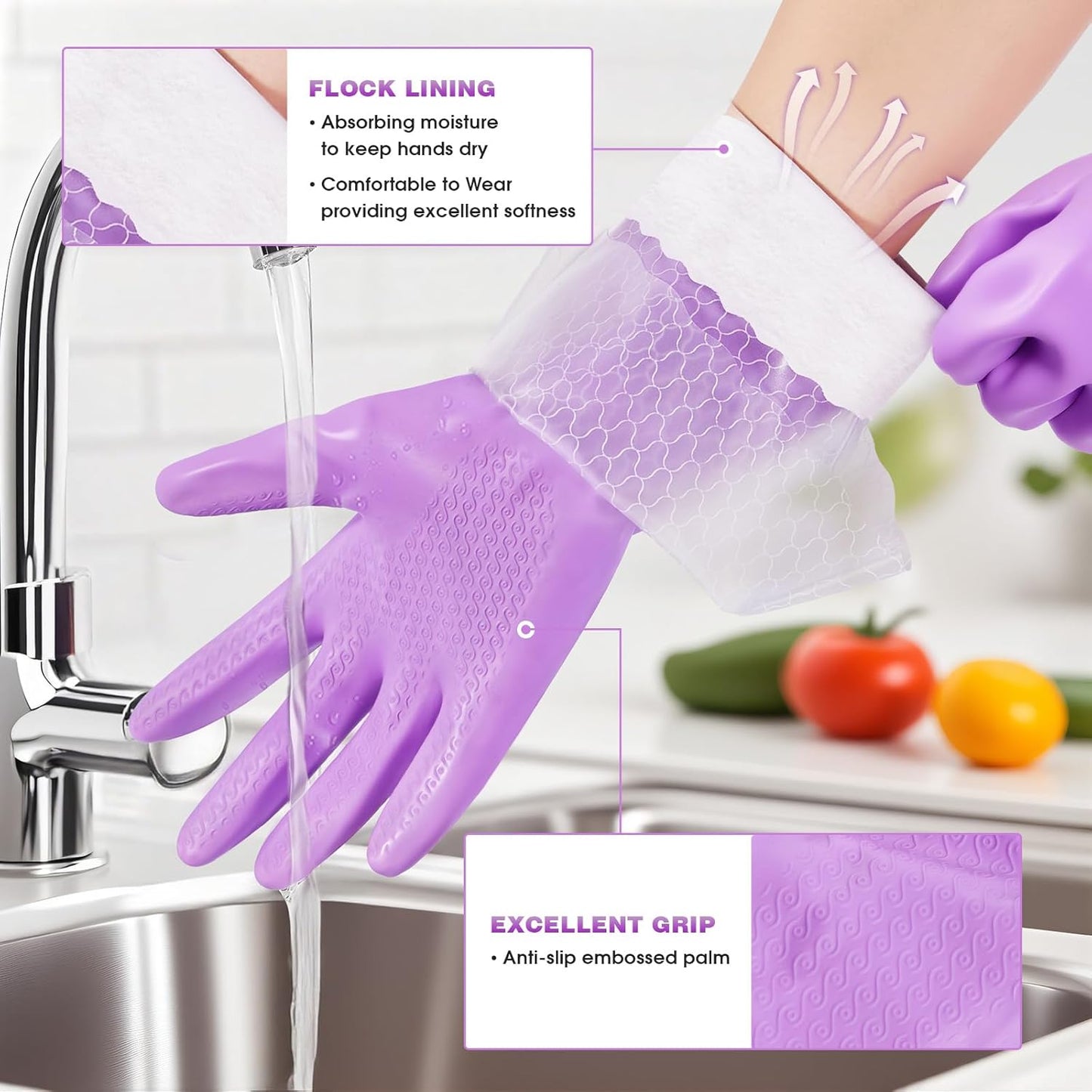 Elgood Reusable Dishwashing Cleaning Gloves with Latex free, Cotton lining,Kitchen Gloves 2 Pairs,Purple+blue Medium