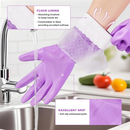 Elgood Reusable Dishwashing Cleaning Gloves with Latex free, Cotton lining,Kitchen Gloves 2 Pairs,Purple+blue Medium