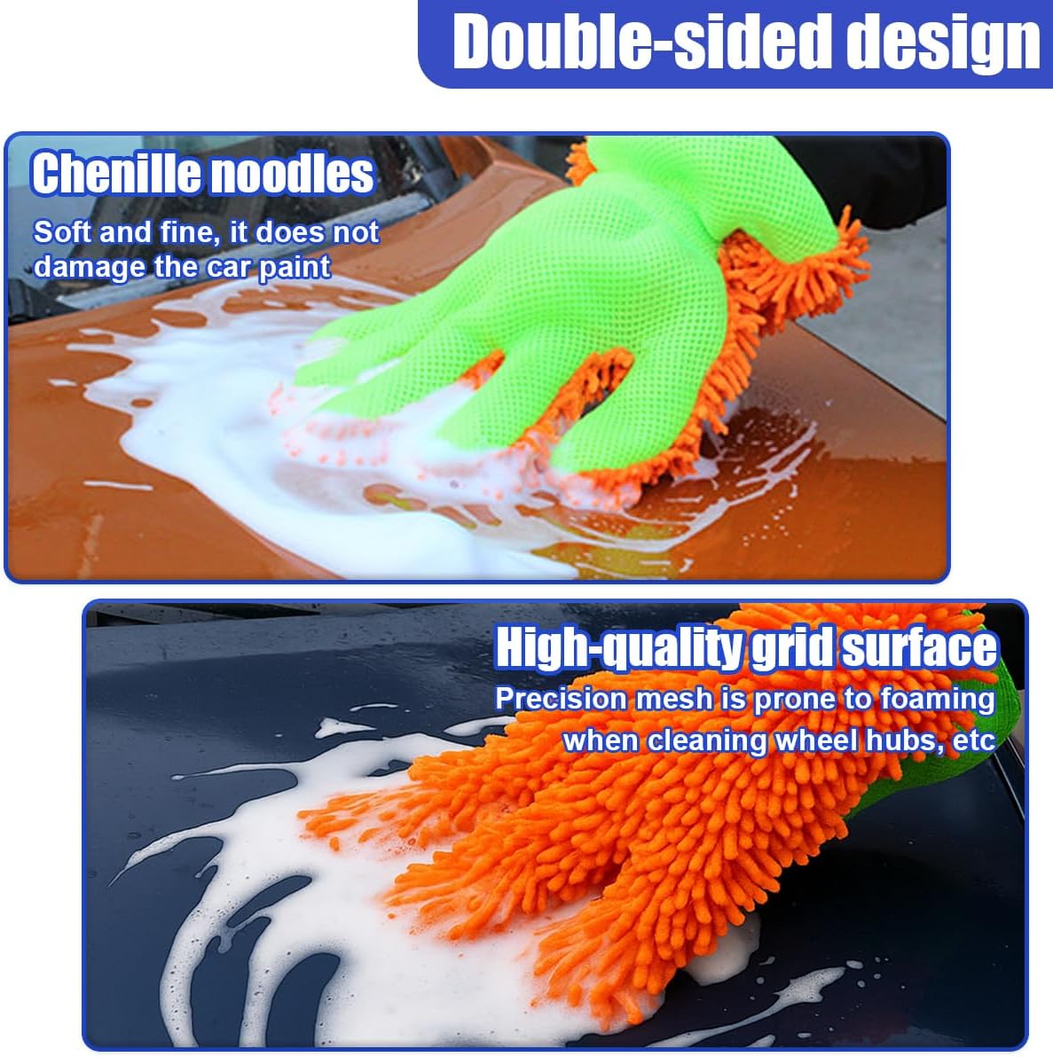 2PCS Car Wash Mitts, Double Sided Chenille Microfiber Dusting Gloves with 5-Finger Design, Anti-Scratch Auto Interior Exterior Detailing Mitt for Cleaning Wheel Tight Spot (Purple)