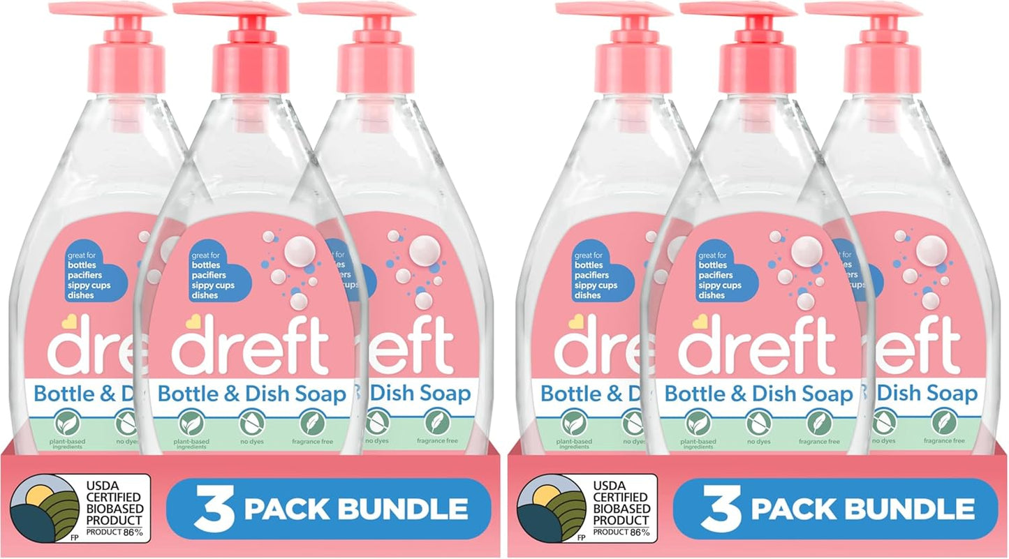 DREFT Bottle and Dish Soap | Made to Clean Baby Bottles, Sippy Cups, Pacifiers, Breast Pumps, & More | Gently Removes Milk Film & Odors | Plant Based, Fragrance Free Dish Soap | 18 Fl Oz (Pack of 3)