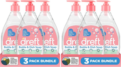 DREFT Bottle and Dish Soap | Made to Clean Baby Bottles, Sippy Cups, Pacifiers, Breast Pumps, & More | Gently Removes Milk Film & Odors | Plant Based, Fragrance Free Dish Soap | 18 Fl Oz (Pack of 3)