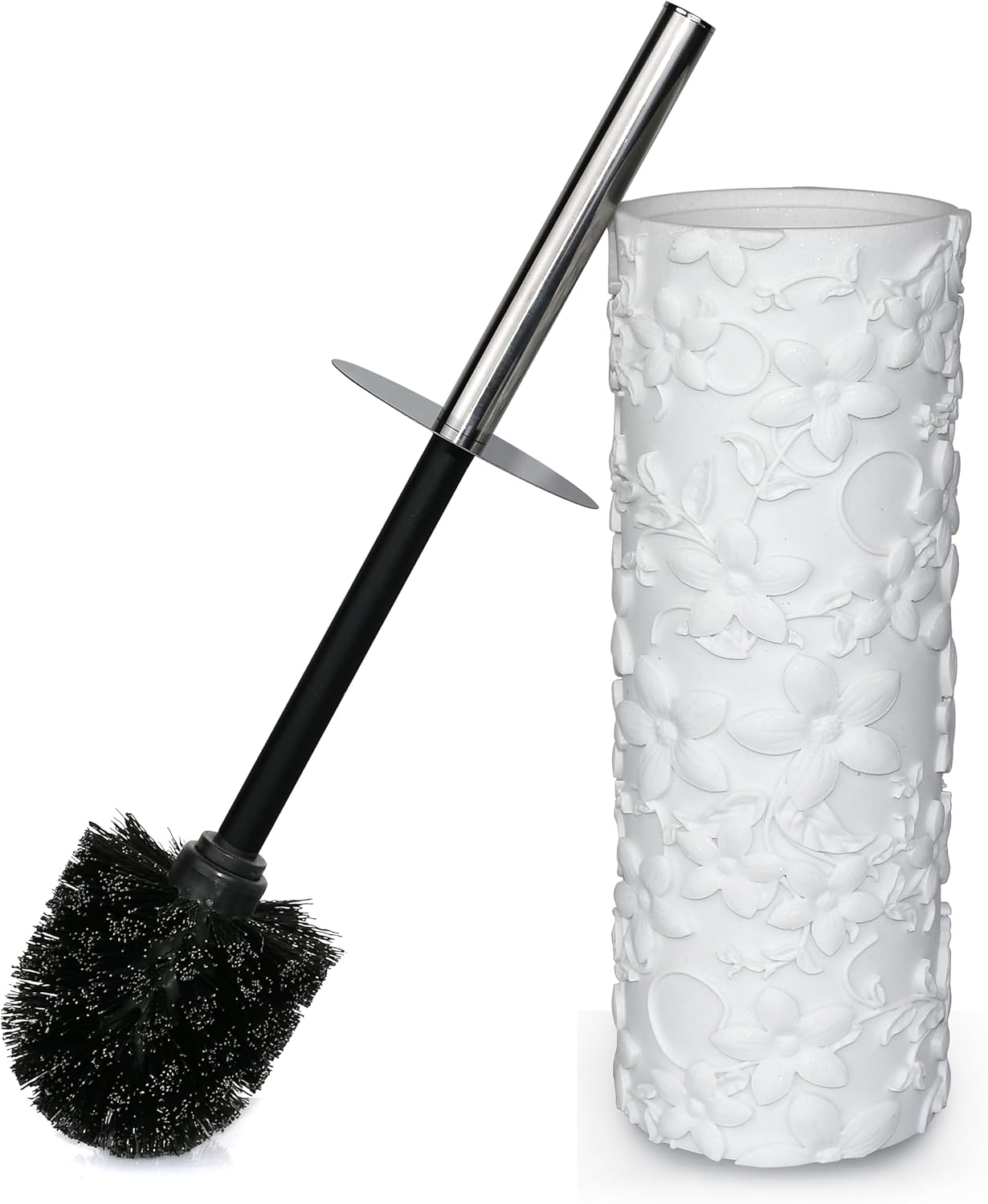 White Floral Branches Design Resin Toilet Bowl Brush and Holder Set, Elegant Bathroom Cleaning Tool with Durable Bristles, Compact and Functional