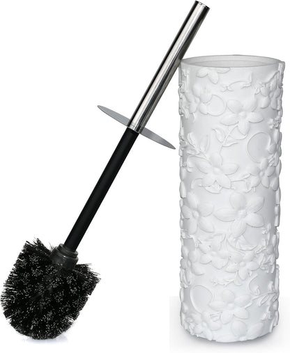 White Floral Branches Design Resin Toilet Bowl Brush and Holder Set, Elegant Bathroom Cleaning Tool with Durable Bristles, Compact and Functional